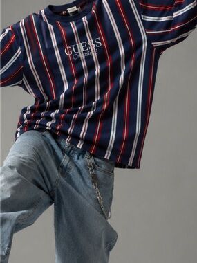 Guess Men's Navy & Red Striped Tee with Light Blue Jeans
